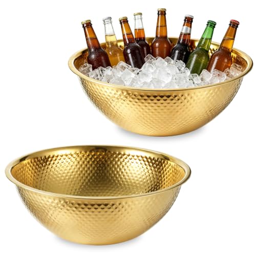 Gold Hammered Stainless Steel Beverage Tub Set - 2 Large 16.4 Qt Chiller Bins for Parties