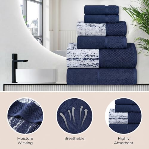 Navy Blue Ivory Jacquard Cotton 3-Piece Bathroom Towel Set - Superior