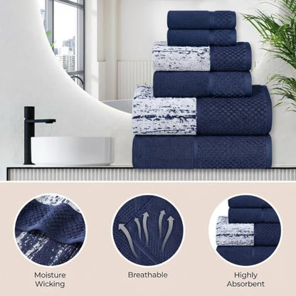 Navy Blue Ivory Jacquard Cotton 3-Piece Bathroom Towel Set - Superior