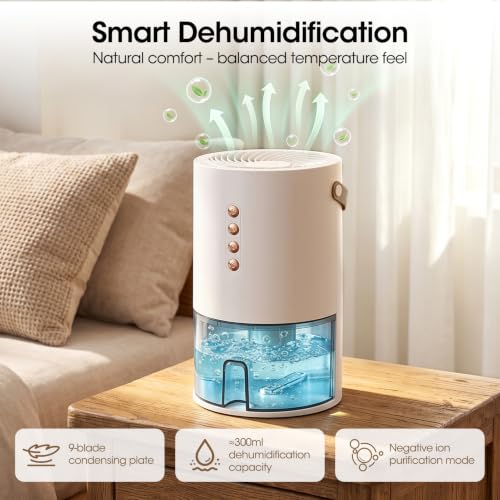 Small Portable Dehumidifier 1300ml Quiet Auto Shut Off for Bedroom & Home