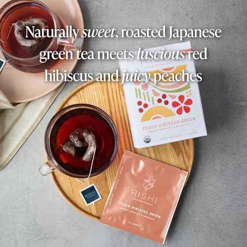 Rishi Tea Peach Hibiscus Green Houjicha Roasted Japanese Tea - Organic, Low Caffeine Sachet Bags With Hibiscus & Peach, Enjoy Hot Or Iced - 15 Count (Pack Of 1)