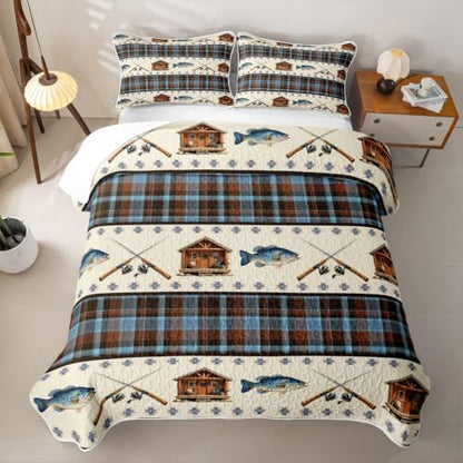 Gone Fishing King Size Quilt Set Brown Blue - All-Season Bedspread & Pillowcases