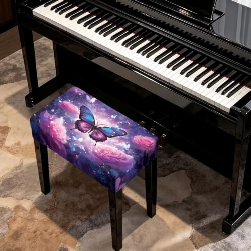 Piano Bench Cover Purple Butterfly XS 19.68 x 15.74 x 3.54 Inches Soft Brushed Fabric Non-Slip Dust Protector