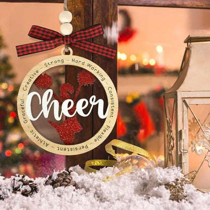 Cheer Christmas Ornament - Wooden Holiday Decor for Cheerleader Gifts - Red, 3.93 Inches - Cheer Variation