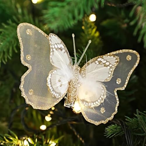 Glitter Butterfly Christmas Tree Ornaments 3-Pack with Clips - Golden Holiday Decor