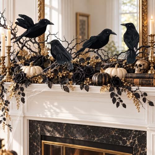 4 Pcs Realistic Black Crow Halloween Decor Clip-On Fake Feathered Props