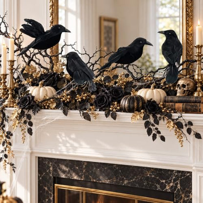 4 Pcs Realistic Black Crow Halloween Decor Clip-On Fake Feathered Props