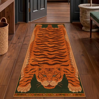 Vintage Tiger Runner Rug 2x6 - Washable Animal Print Entryway Carpet with Burnt Orange & Green Variation