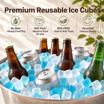 Blue Reusable Ice Cubes - 400 Pack, Fast Freezing, Non-Diluting Drink Chilling