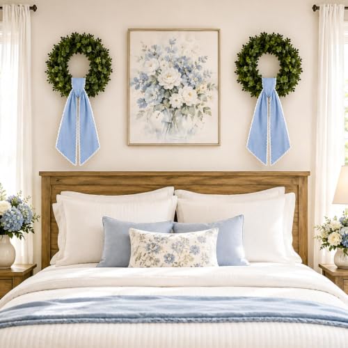 2-Piece Dusty Blue Wreath Sash with Scalloped Trim for Front Door Decor