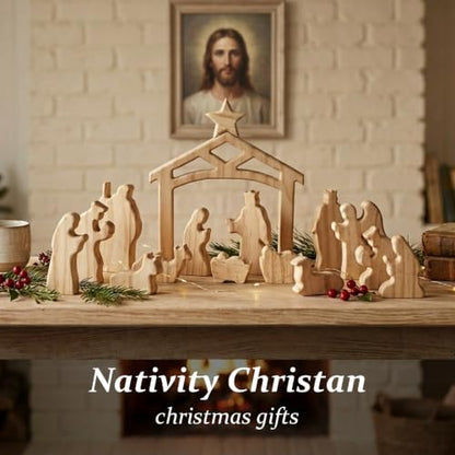 Unfinished Wooden Nativity Scene Set - 13 Pcs Christian Christmas Decor