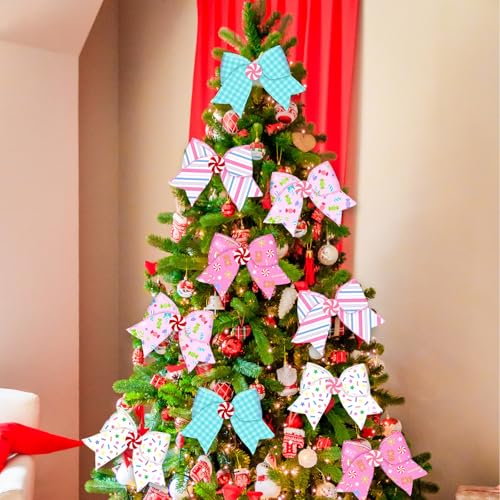15 Pack Pastel Candy Christmas Tree Bows - 6.3 Inch Holiday Ornaments