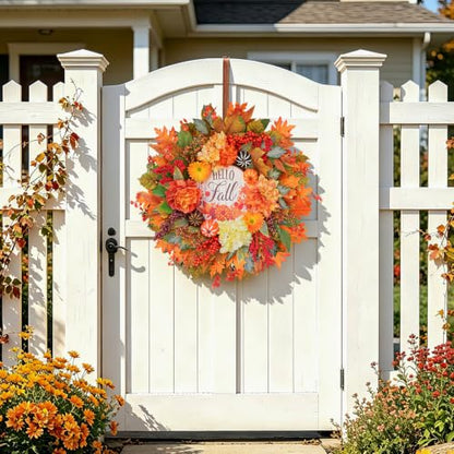 Fall Wreath for Front Door 24-Inch Autumn Harvest Wreath with Dahlias - Orange Variation