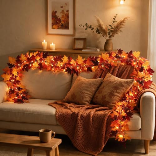 12 Ft LED Fall Garland with 50 Lights and 8 Modes Waterproof Maple Leaf Decor