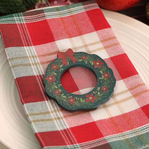 Christmas Wreath Birch Wood Napkin Rings 12Pcs - Green Holiday Table Decor
