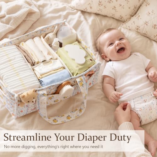 Corduroy Baby Diaper Caddy Organizer with Handles - Spliced Flower Variation