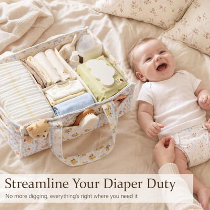 Corduroy Baby Diaper Caddy Organizer with Handles - Spliced Flower Variation