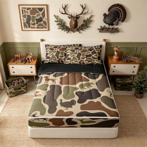 Kids Deer Bear Zipper Bedding Set - Twin Camo Brown, 4-Piece