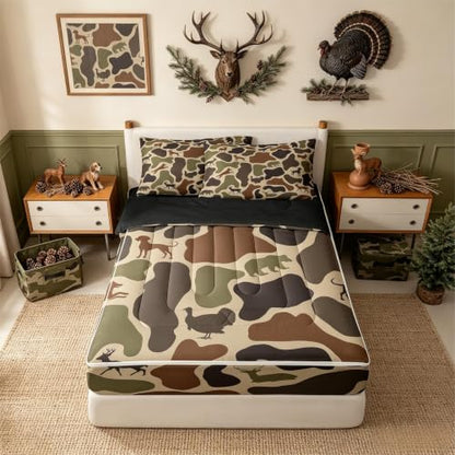 Kids Deer Bear Zipper Bedding Set - Twin Camo Brown, 4-Piece