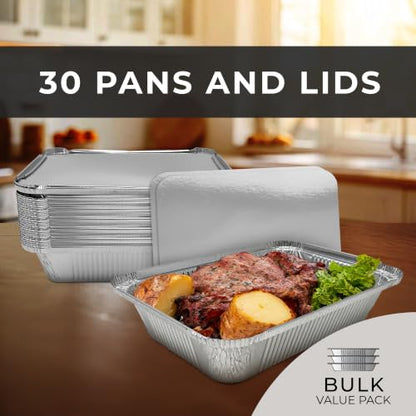 Aluminum Foil Food Containers with Lids 8x6 Inch Pack of 30 - Oven Safe Meal Prep