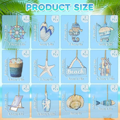 Summer Wooden Hanging Ornaments - Ocean Beach Tropical Decor - Blue