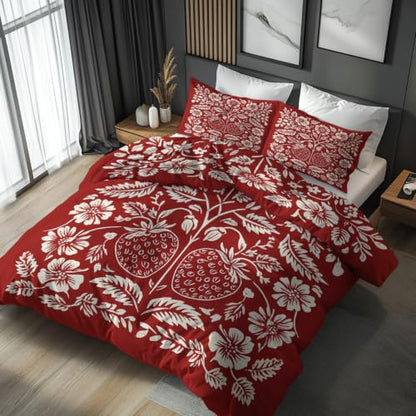 Scandinavian Folk Art Duvet Cover Queen Size 3 Piece Set - Red & White