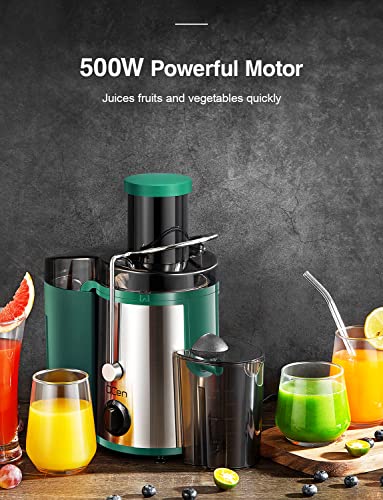 Qcen Juicer Machine, 500W Centrifugal Juicer Extractor with Wide Mouth 3” Feed Chute for Fruit Vegetable, Easy to Clean, Stainless Steel, BPA-free (Green)