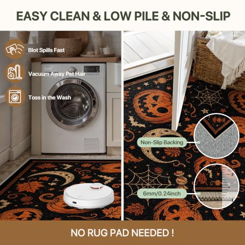 Halloween Rug Pumpkin Moon Non-Slip Indoor Welcome Mat - Midnight Orange 2x6 ft