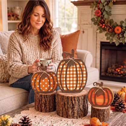 Farmhouse Pumpkin Decor Set - Wooden Autumn Fall Decorations, 3 Pieces