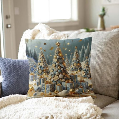 Merry Christmas Tree Throw Pillow Cover 16x16 Inch - Festive Snow Drift Gold Confetti Cushion for Sofa
