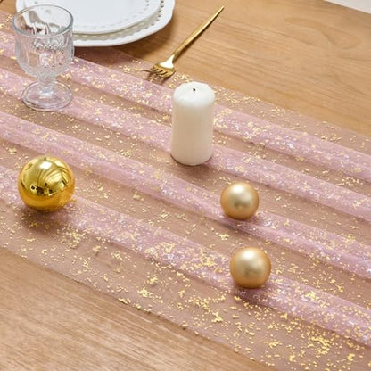3 Pcs Pink Gold Glitter Tulle Table Runner 10ft for Wedding Party Decor