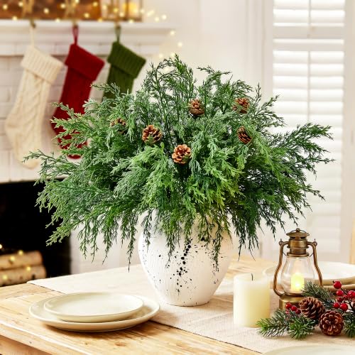 21PCS Artificial Cedar Stems with Pinecones for Holiday Decor - Norfolk Pine Branches & Cones, Indoor Outdoor