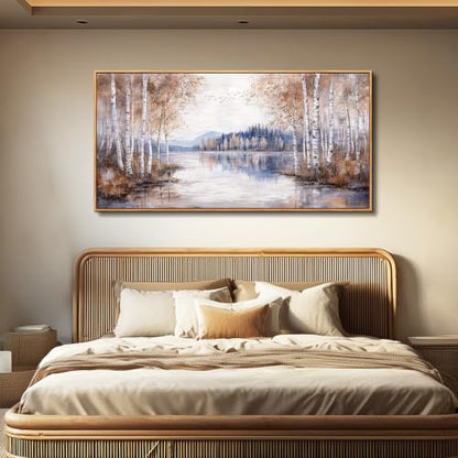 Birch Tree Forest Wall Art - Framed Landscape Canvas for Living Room 20x40 Inches - Variation of Birch Tree Wall Art / 40L x 20W