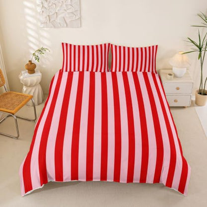 Manfei Red Pink Stripes Kids Duvet Cover Set Queen Size - Abstract Geometric Bedding