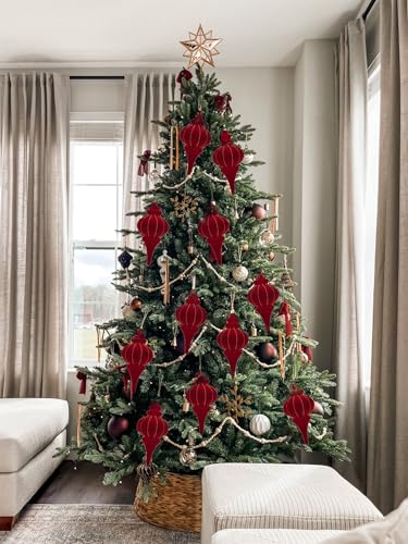 Velvet Christmas Ball Ornaments Set of 2 - 10 Inch Red Finial Finery with Gold Glitter