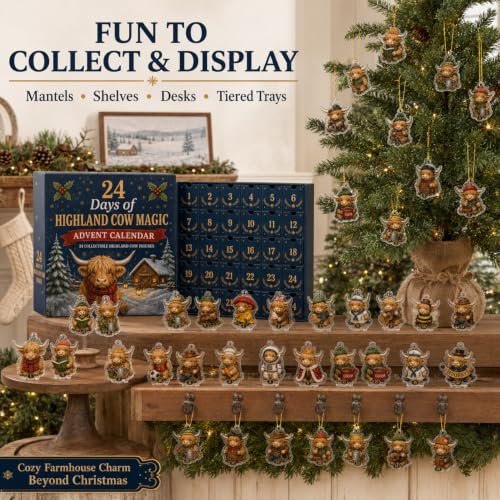 Highland Cow Advent Calendar 2026 - 24 Days Christmas Countdown Decor, Cow Figurines