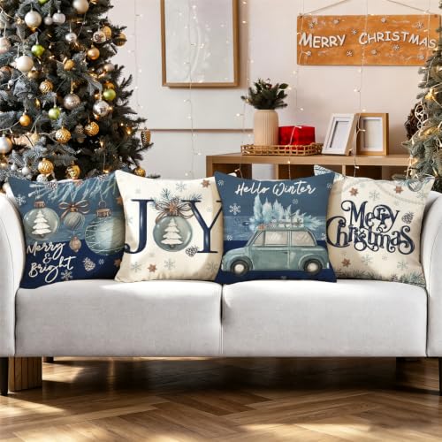 Christmas Pillow Covers Set of 4 20x20 Inch - Holiday Decor Cushion Cases