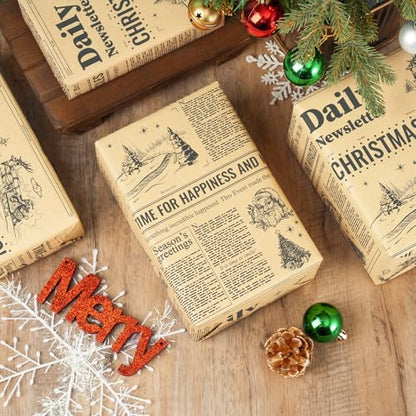 Christmas Newspaper Wrapping Paper Roll - Kraft Gift Wrap with Festive Headlines, 30 in x 32.8 ft, Vintage Holiday Design