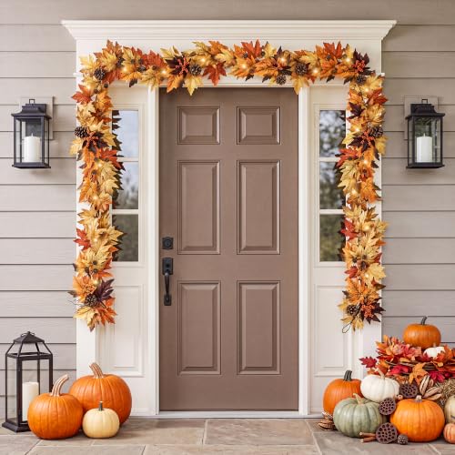 6FT Fall Garland with 30 Warm Lights, Timer, Gradient Maple Leaves - Vintage Autumn