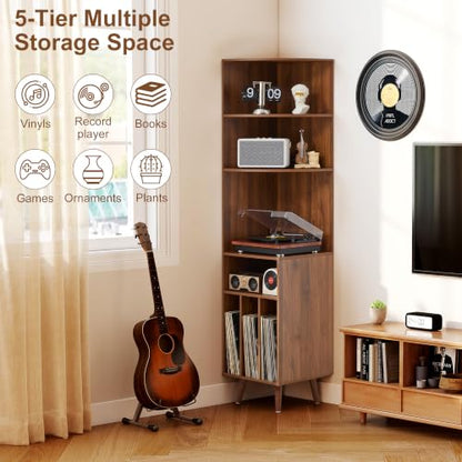 Tall Walnut Corner Record Player Stand with 5-Tier Storage - 67"