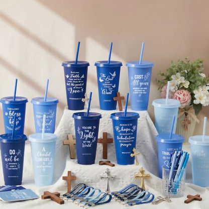 Hollowfly 48 Set Christian Church Gifts with Bible Verse Cups Notebooks & Keychains - Gradient Blue