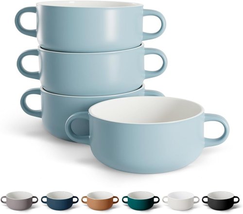 Kook Ceramic Soup Crocks - Oven & Microwave Safe Bowls with Handles | 18 oz, Set of 4 in Pale Blue