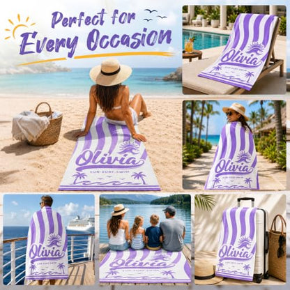 Lavender Purple Personalized Beach Towel with Names - Custom Sand-Free Pool & Vacation Wrap