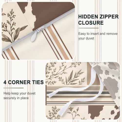Oversized King Cowhide Patchwork Duvet Cover Set - Oatmeal & Cocoa Brown Variation
