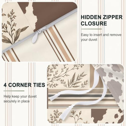 Oversized King Cowhide Patchwork Duvet Cover Set - Oatmeal & Cocoa Brown Variation