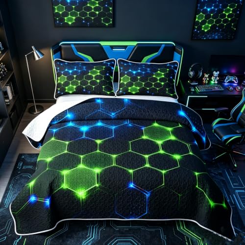 Castle Fairy 3D Honeycomb Block Quilt Set Twin Size Neon Blue Green with Pillow Sham - Geometric Kids Bedding