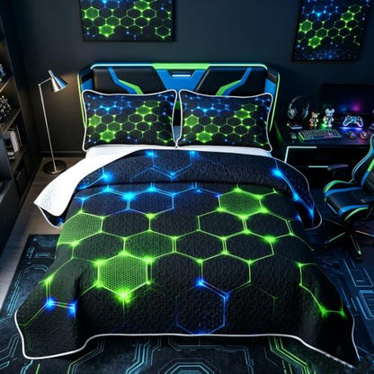 Castle Fairy 3D Honeycomb Block Quilt Set Twin Size Neon Blue Green with Pillow Sham - Geometric Kids Bedding