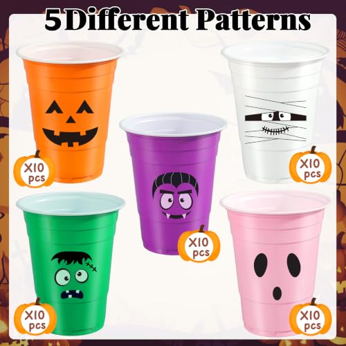 Multicolor 16oz Halloween Plastic Cups with Lids & Straws - Pack of 50