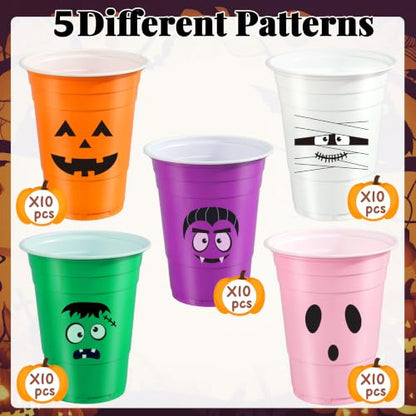 Multicolor 16oz Halloween Plastic Cups with Lids & Straws - Pack of 50