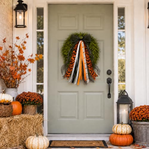 Halloween Wreath Sash with Bat Streamers Front Door Ribbon Bow - Variation of Halloween-2